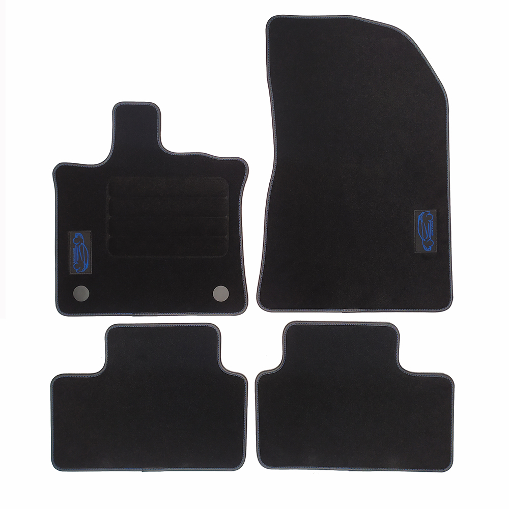 Alfombrillas a medida en moqueta velour para Renault Captur con borde en piel e hilo y logo azul desde 2020