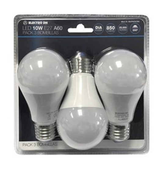 Pack 3 bombillas - Luz día 10W, A60, 6500K, E27, 230 V