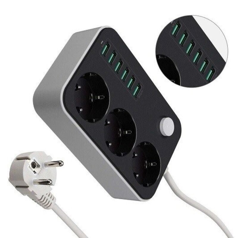 Base Regleta 3 tomas enchufe - 6 USB interruptor 1.5m