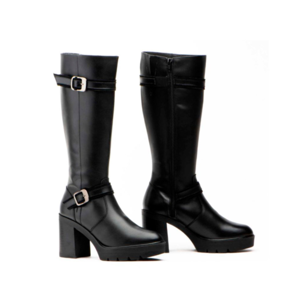 Botas Mujer Piel Negro Hebillas Tacón Alto