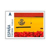 miniatura sello tarifa A feliz 12 octubre - sello hispanidad Correos - sello bandera de España