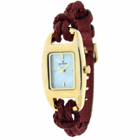 Blumar Reloj Analógico De Señora Rectangular Dorado- Correa Burdeos De Ante