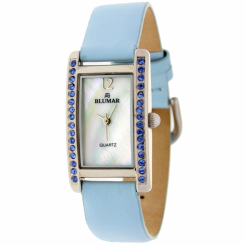Blumar Reloj Analógico De Señora Antialérgico - Correa Azul Claro Y Piedras Brillantes