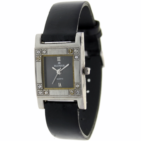 Blumar Reloj Analógico  De Mujer - Caja Cuadrada Con Piedras Brillantes - Esfera Negra