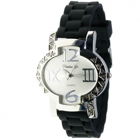 Christian Gar Reloj Christian Gar 7573 Para Mujer Esfera Color Plata Correa Silicona Negra