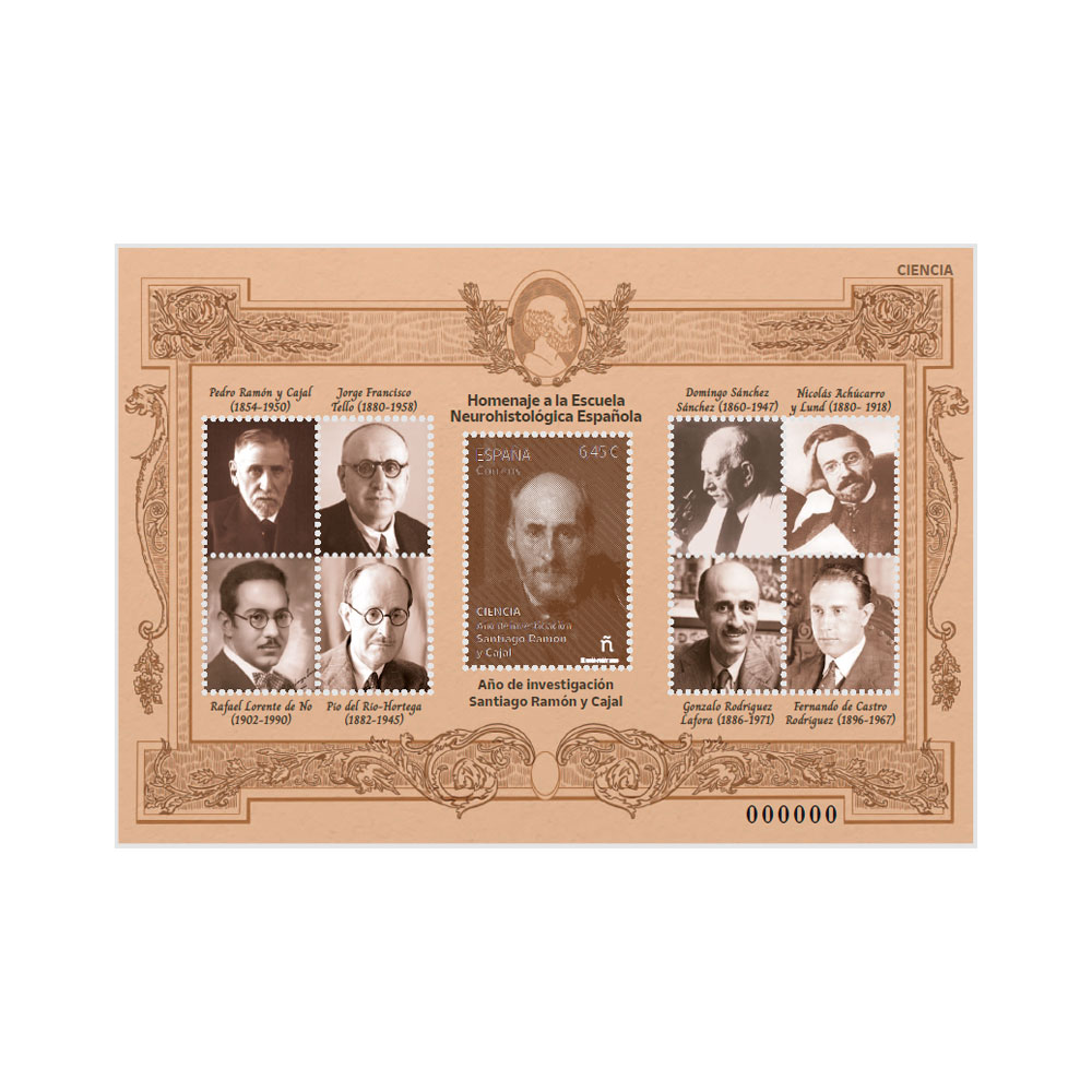 Sello Año de investigación Santiago Ramón y Cajal | Homenaje escuela neurohistológica española | Hoja bloque