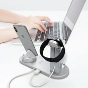 miniatura Cargador inalámbrico Qi 3 en 1 para smartphone color plateado, teléfono estación de carga 15W