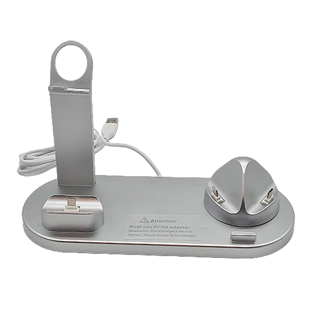 Cargador inalámbrico Qi 3 en 1 para smartphone color plateado, teléfono estación de carga 15W