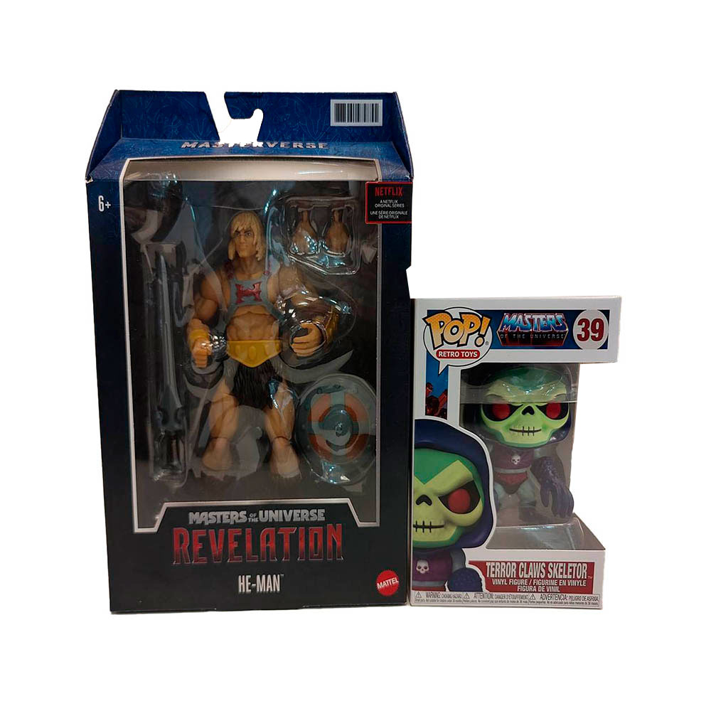 Pack de productos de Masters of the Universe;  figura de Mattel: He-Man + Funko POP! Terror Claws Sk
