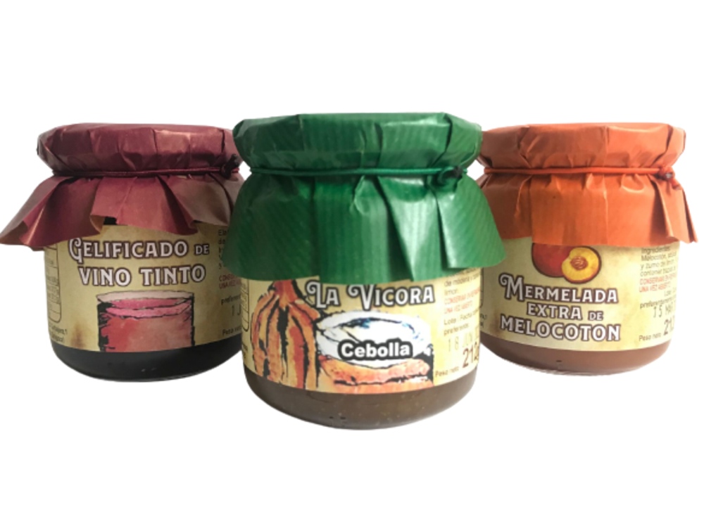 Lote de 6 botes de mermelada artesana: 2 botes de gelificado de vino tinto + 2 botes de mermelada de cebolla + 2 botes de mermelada de melocotón
