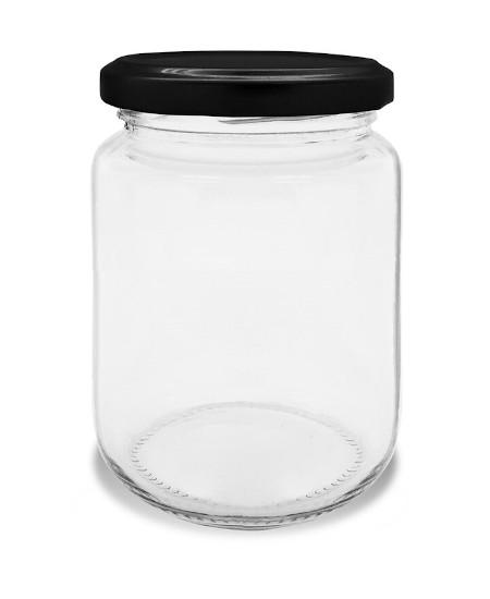 Tarros de vidrio de 340 ml redondo con tapa de rosca Negra - Caja 15 unidades