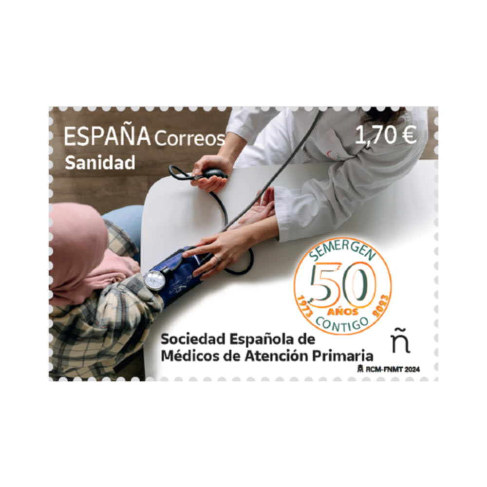 50 aniversario de la Sociedad Española de Médicos de Atención Primaria (SEMERGEN) con la creación de este sello que lleva su nombre.