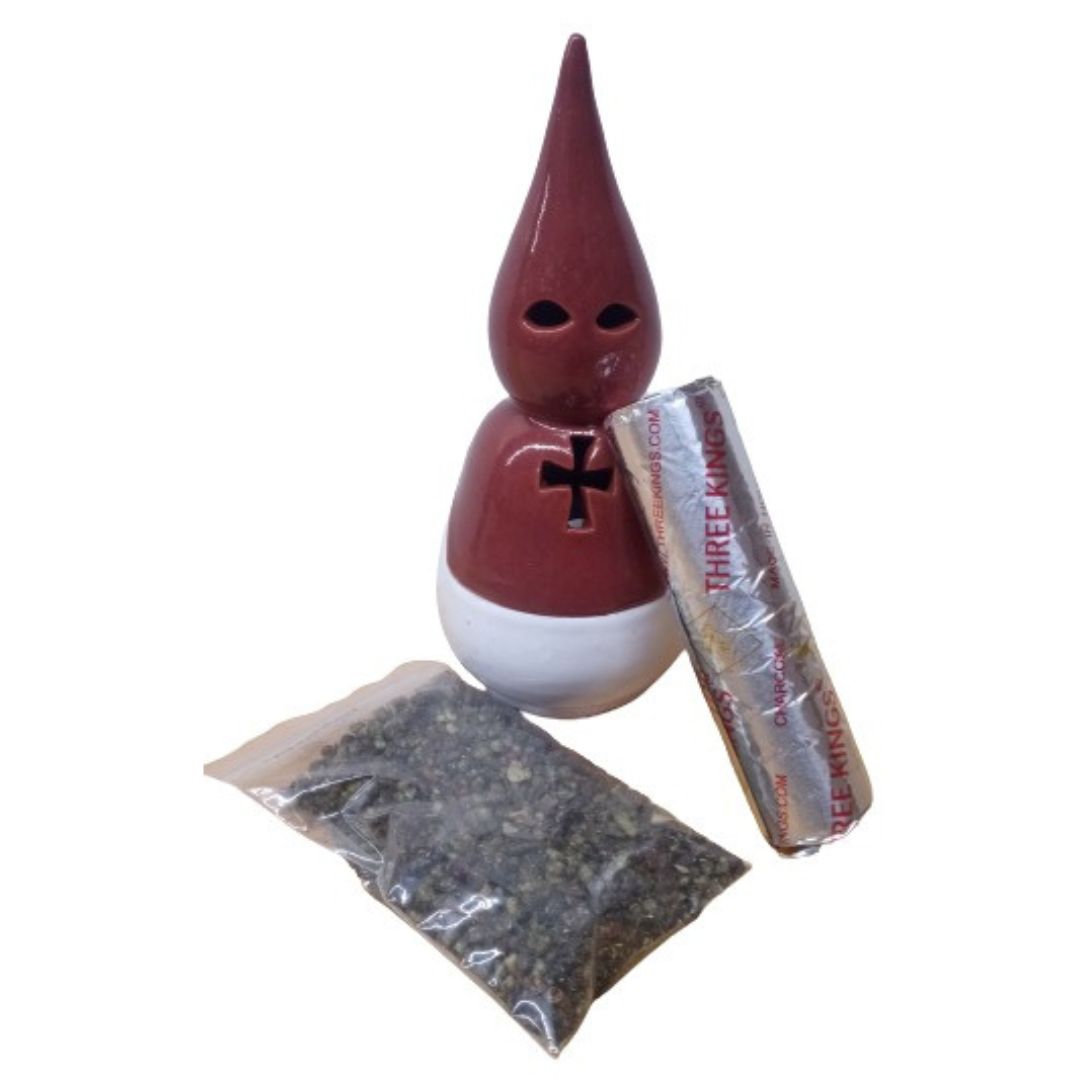 Pack Incienso(serio-mirra),Inciensario Nazareno rojo-blanco y Pastillas Carbon