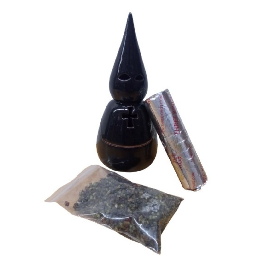Pack Incienso (serio-mirra),Paquete Pastillas Carbon Tres Reyes e Inciensario Penitente Negro