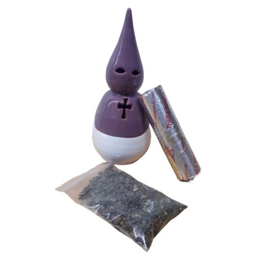 Pack Incienso (serio-mirra) Paquete Pastillas Carbon Tres Reyes e Inciensario Nazareno Morado-blanco