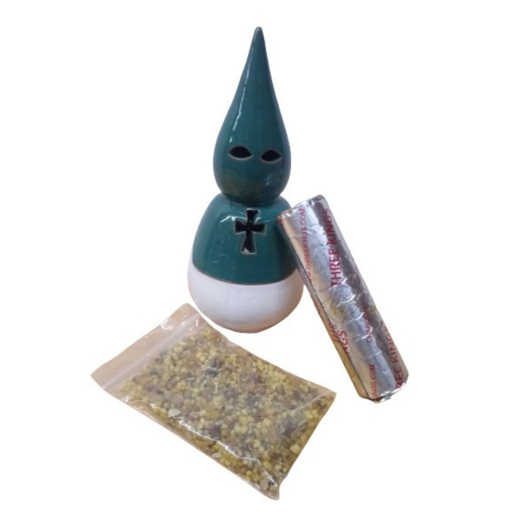Pack Incienso(Dulce-vainilla)Paquete Pastillas Carbon Tres Reyes e Inciensario Penitente Verde