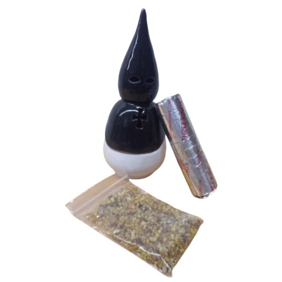 Pack Incienso(Vainilla-dulce) Paquete Carbon Tres Reyes e Inciensario Penitente Negro-Blanco