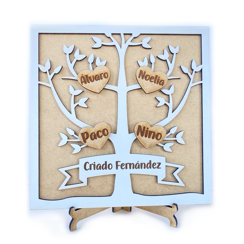 Handmade’s Victim Cuadro decorativo familia de madera, arbol de la vida con nombres personalizados en corazones y huellas.