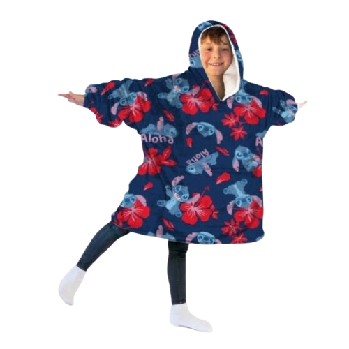 Bata Manta Coralina Oversize Stitch Aloha Talla Única Niñ@s con Gran Bolsillo y Gorro 1