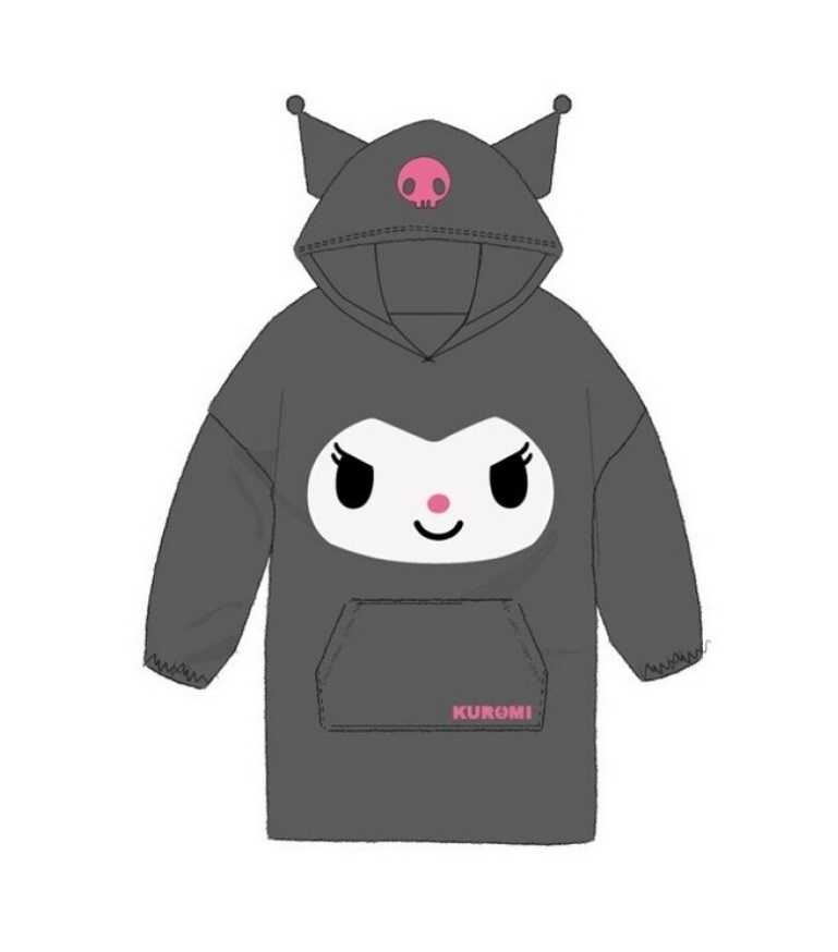 Bata Manta Coralina Oversize Kuromi Hello Kitty Talla Única Adult@s con Gran Bolsillo y Gorro