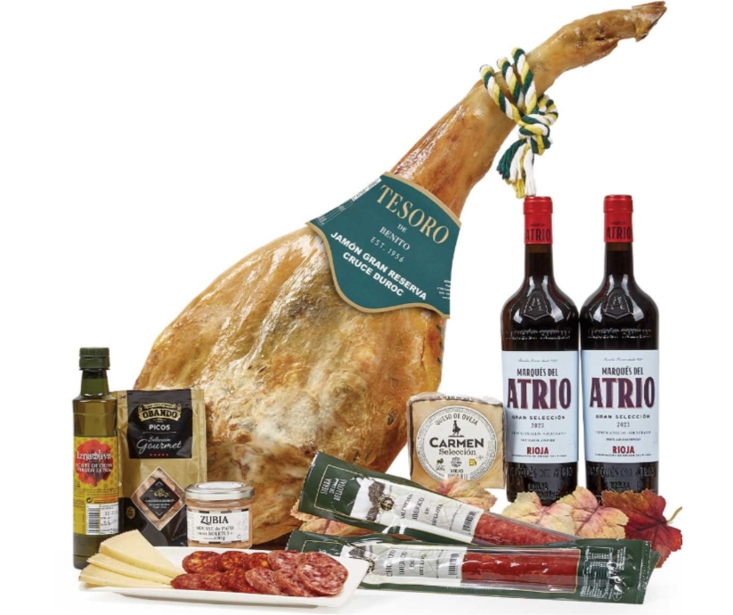 Lote 28: Cesta de Navidad Jamonera con Jamón Duroc Gran Reserva y Vinos Rioja 1