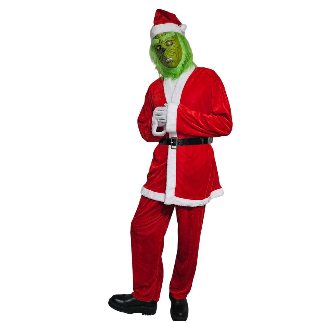 Disfraz El Grinch Criatura Verde Navideña con Traje Papá Noel Rojo 1