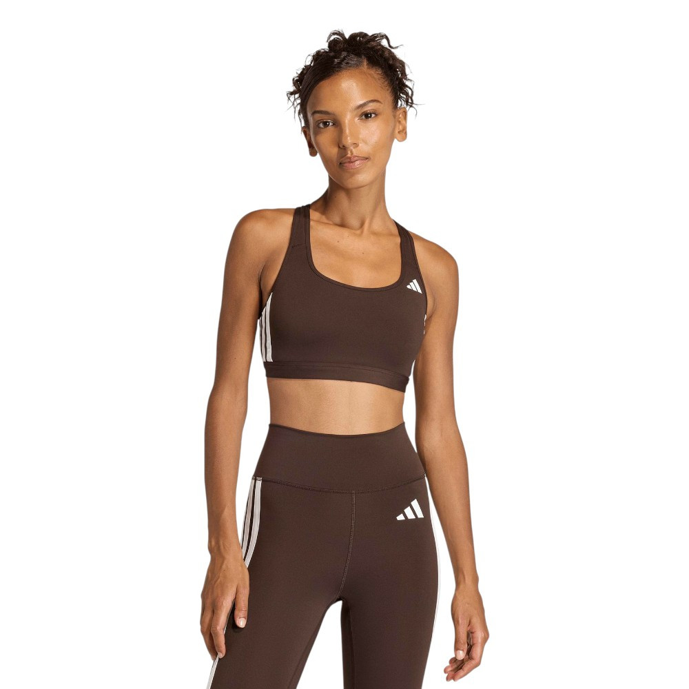 Imagen SUJETADOR ADIDAS OPTIME ESSENTIALS 3 STRIPES MS MARRON OSCURO CAAUME BLANCAS KA4708 BRA DEPORTIVO MUJER