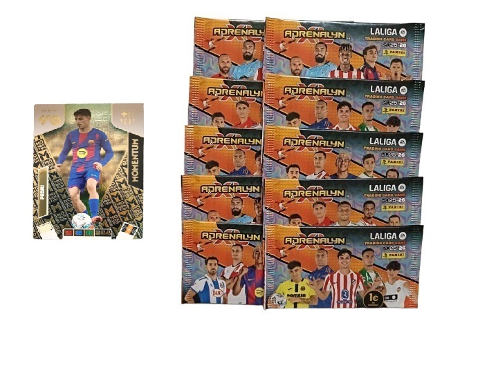 Pedri Momentum + 10 sobres normales Adrenalyn XL 2025 2026 Carta Colección Panini