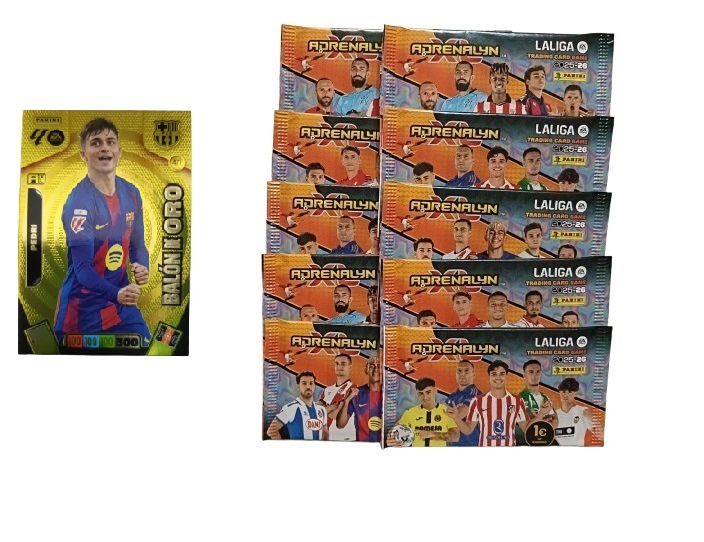 Pedri Balón de Oro + 10 sobres normales Adrenalyn XL 2025 2026 Carta Colección Panini