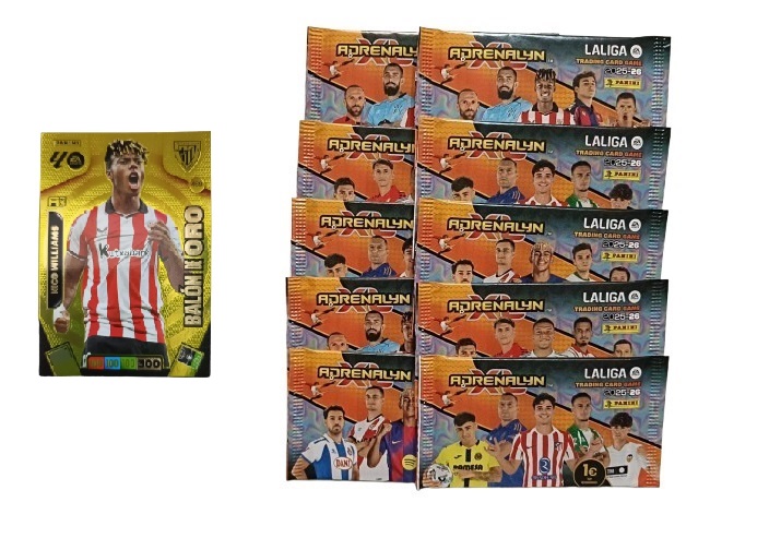 Nico Williams Balón de Oro + 10 sobres normales Adrenalyn XL 2025 2026 Carta Colección Panini