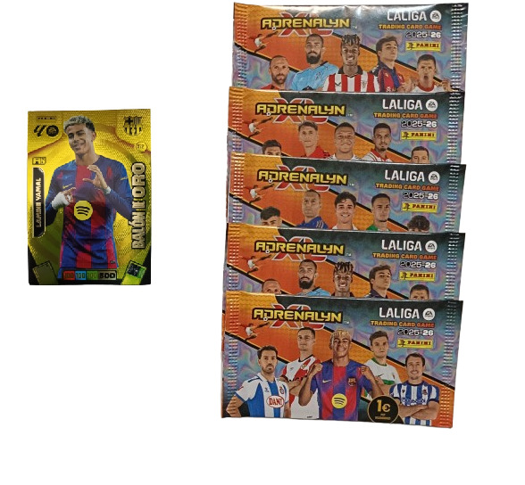 Lamine Yamal Balón de Oro + 5 sobres normales Adrenalyn XL 2025 2026 Carta Colección Panini