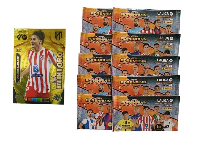 Julián Álvarez Balón de Oro + 10 sobres normales Adrenalyn XL 2025 2026 Carta Colección Panini
