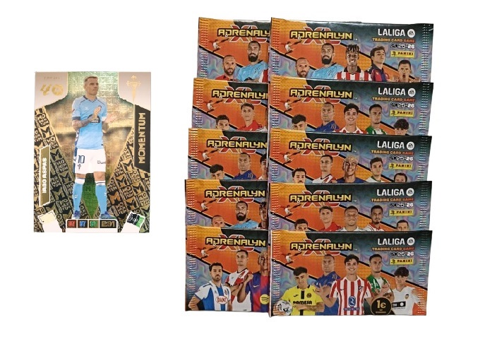 Iago Aspas Momentum + 10 sobres normales Adrenalyn XL 2025 2026 Carta Colección Panini