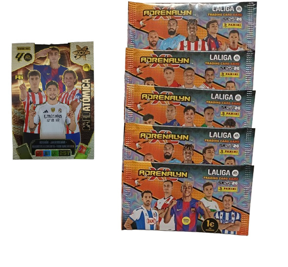 Card Atómica + 5 sobres normales Adrenalyn XL 2025 2026 Carta Colección Panini