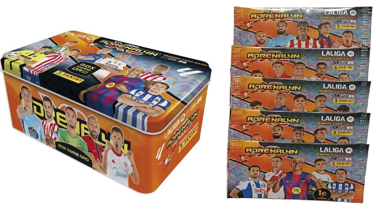 Tin box Serie Oro Lata Grande + 5 sobres normales Adrenalyn XL LaLiga EA Sports 2025 26 Panini