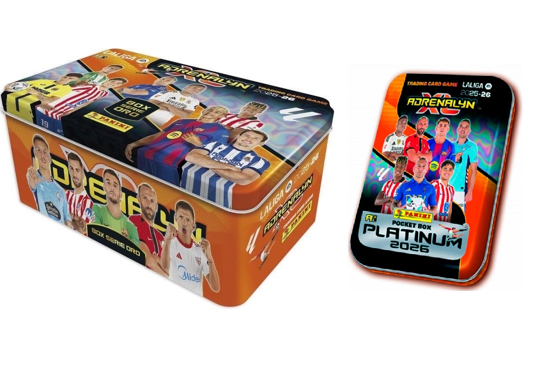 Tin box Serie Oro Lata Grande + Pocket Box Platinum Adrenalyn XL LaLiga EA Sports 2025 2026 Colección Panini