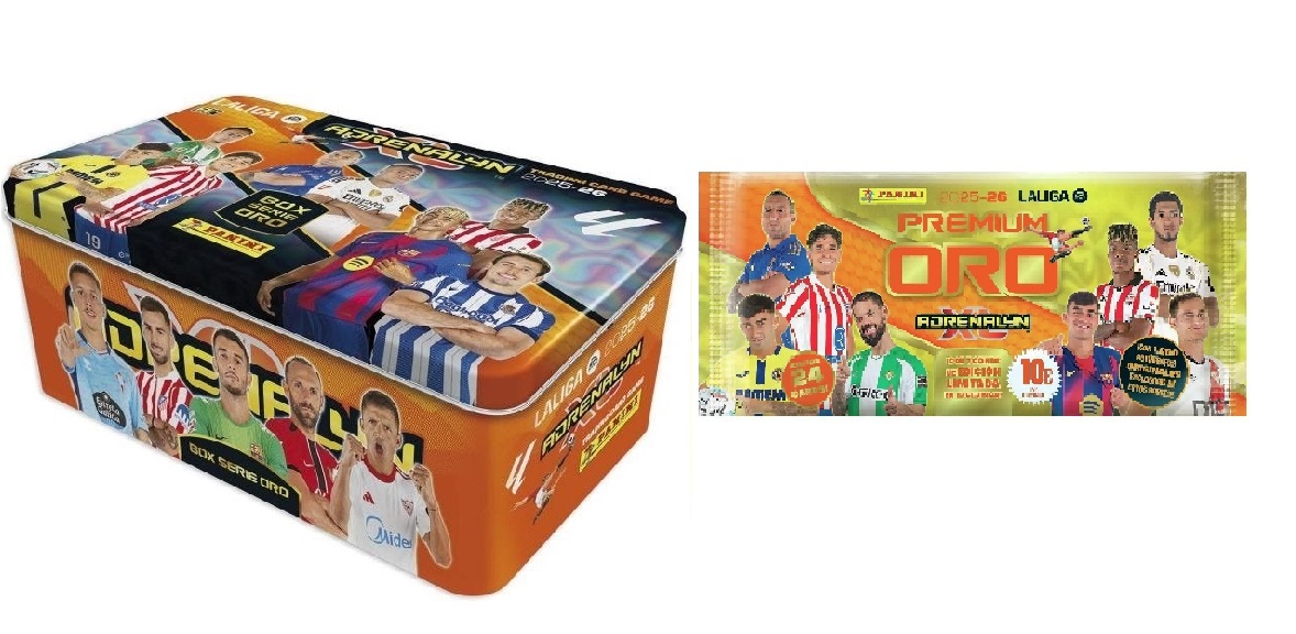 Tin box Serie Oro Lata Grande + Sobre Premium Oro Adrenalyn XL LaLiga EA Sports 2025 2026 Colección Panini