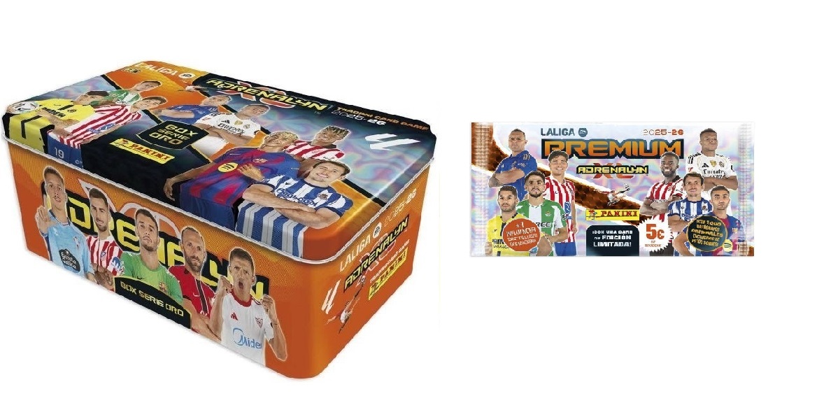 Tin box Serie Oro Lata Grande + Sobre Premium Adrenalyn XL LaLiga EA Sports 2025 26 Colección Panini