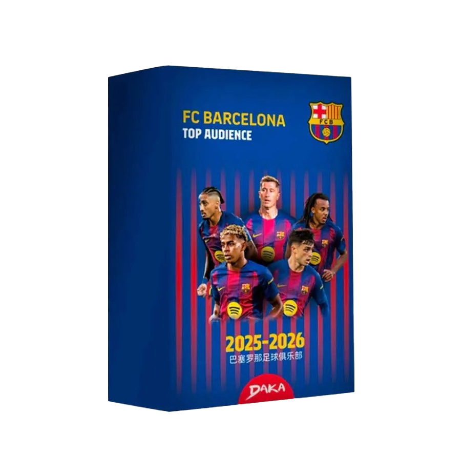 Caja Daka FC Barcelona Top Audience 2025/26 con 3 cartas numeradas y 24 cartas totales