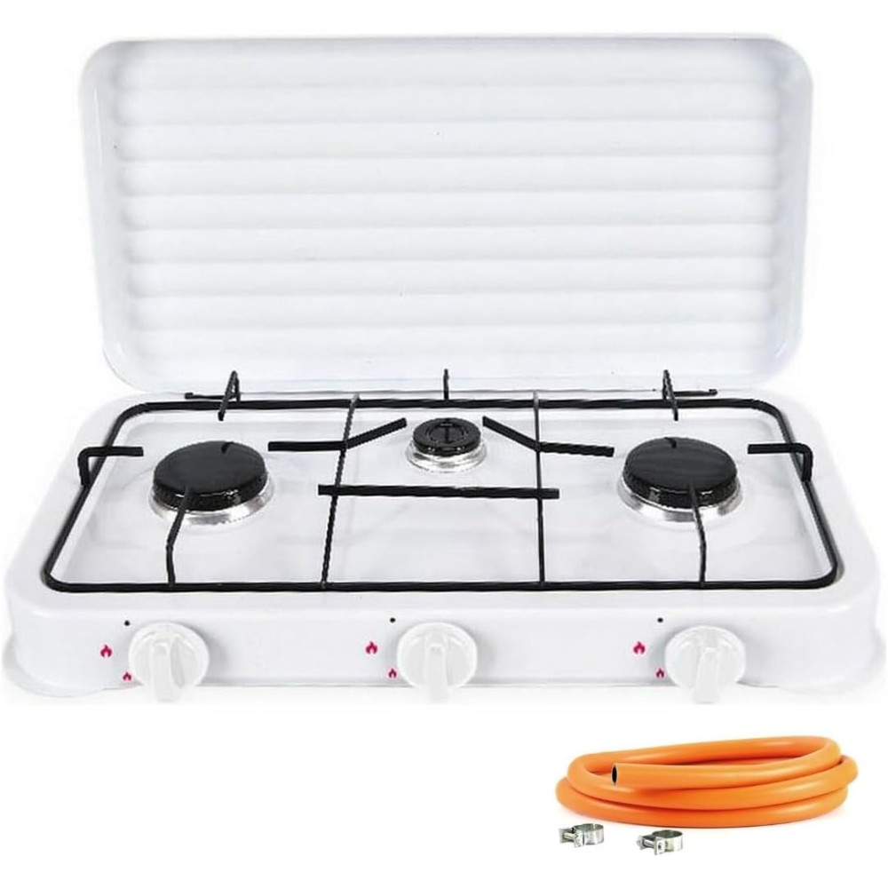 Cocina Hornillo de gas Portátil con 3 Quemadores Tapa y Manguera para butano