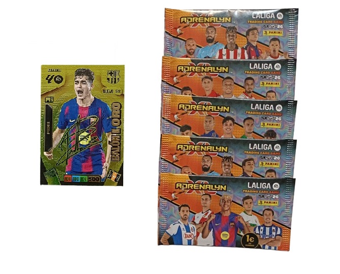Pedri Nuevo Balón de Oro Carta Autógrafo + 5 sobres normales Adrenalyn XL 2025 2026 Panini