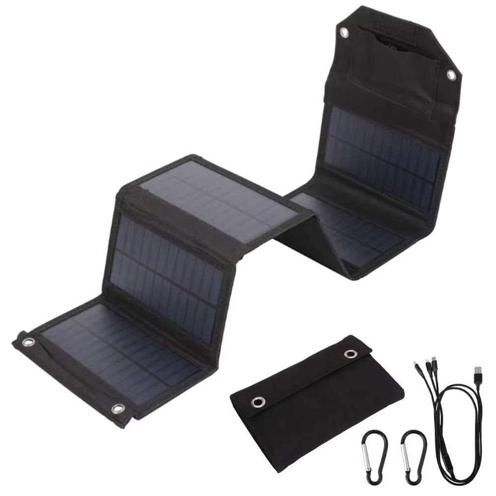 Klack Panel solar portátil plegable 60w - 6 paneles, 2 salidas usb, mosquetones y cable 3 en 1 (tipo - c, lightning