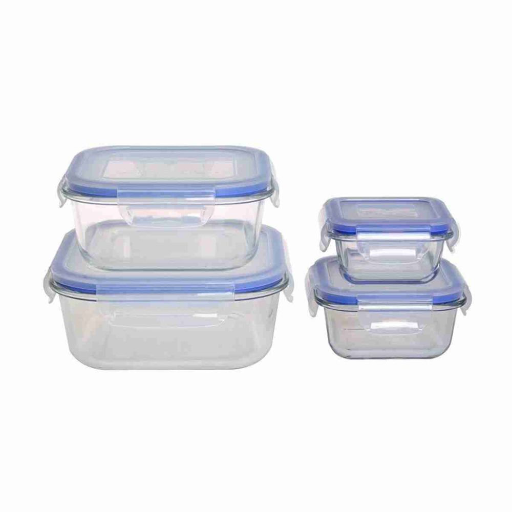 Klack Juego de 4 fiambreras cuadradas realizadas en vidrio con tapa  - capacidades: 150 - 320 - 800 y 1100 ml