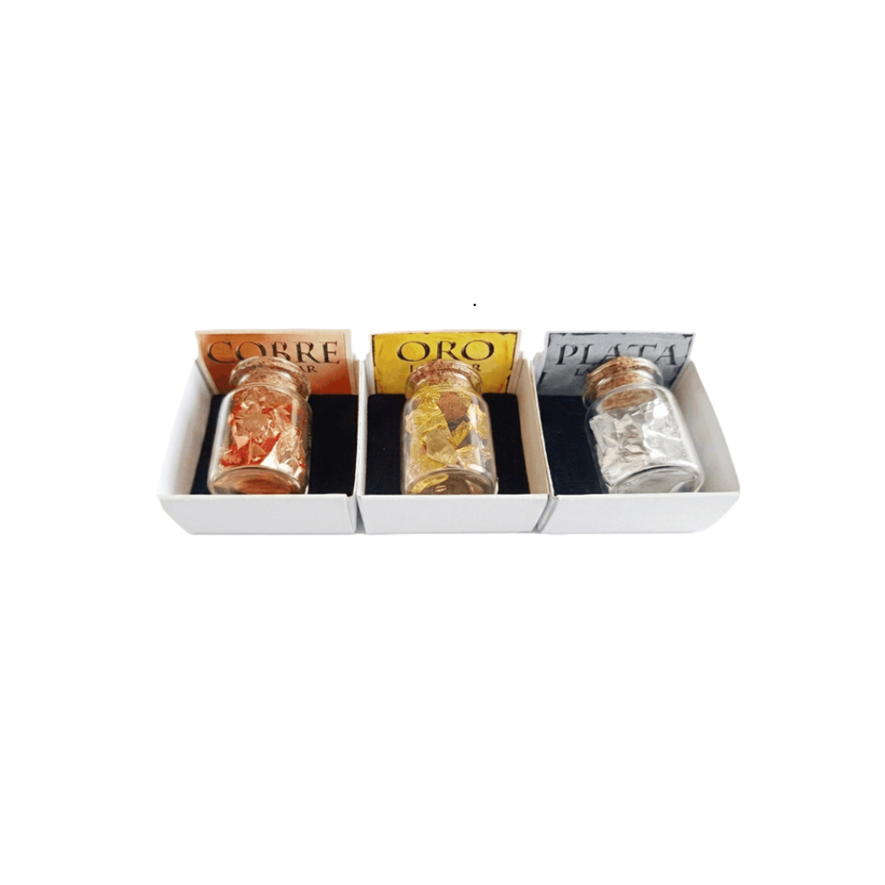 Oro, Plata y Cobre laminados en botellita