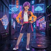 miniatura Niña posando con el disfraz de Demon Hunter estilo cantante urbana de dos piezas con camisa y pantal