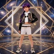 miniatura Niña sonriendo con el disfraz de cantante pop star de tres piezas con chaqueta y pantalón corto de l