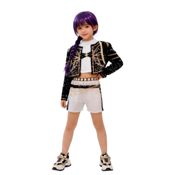 miniatura Niña sonriendo con el disfraz de cantante pop star de tres piezas con chaqueta y pantalón corto de l