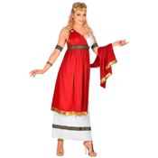 miniatura Mujer posando de frente con el elegante vestido blanco y rojo del disfraz de emperatriz romana con s
