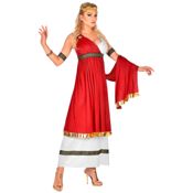 miniatura Mujer posando de frente con el elegante vestido blanco y rojo del disfraz de emperatriz romana con s