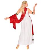 miniatura Mujer posando de frente con el elegante vestido blanco y rojo del disfraz de emperatriz romana con s
